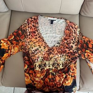 Boston Proper Leopard and Floral V-Neck Blouse